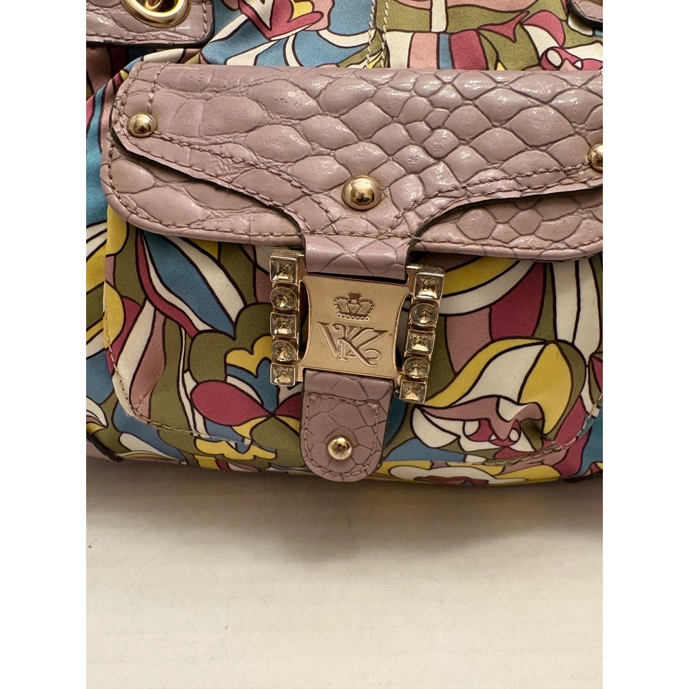 Kathy Van Zeeland Floral Print Shoulder Bag Faux Croc Trim Rhinestone Satchel
